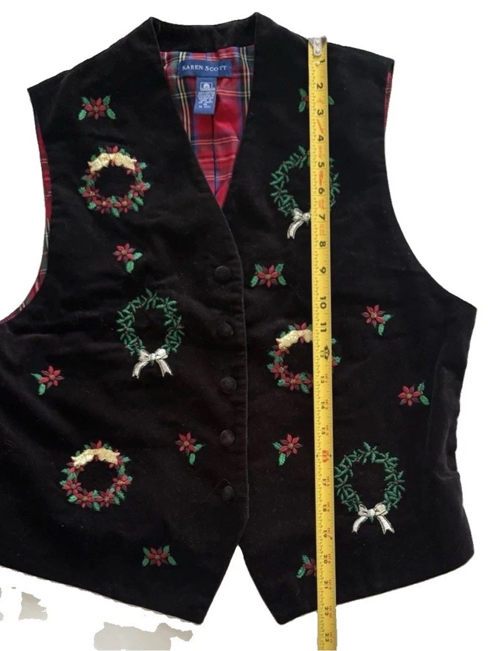 Ugly Christmas Vest Velvet Embroidered Wreaths Tartan Plaid Back 90s VTG Medium - Picture 11 of 12